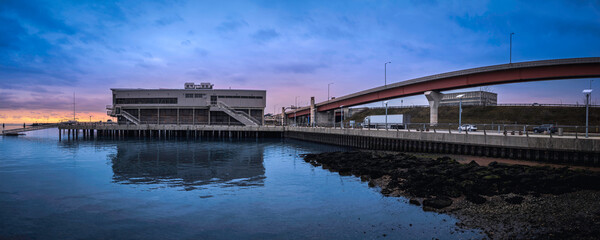 Sunset Seascape over New Haven Harbor at Long Wharf Pier in Connecticut, United States