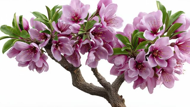 Vibrant pink cherry blossom tree in full bloom, showcasing delicate petals and lush green leaves, with a gradual zoom in revealing intricate details and textures of the flowers
