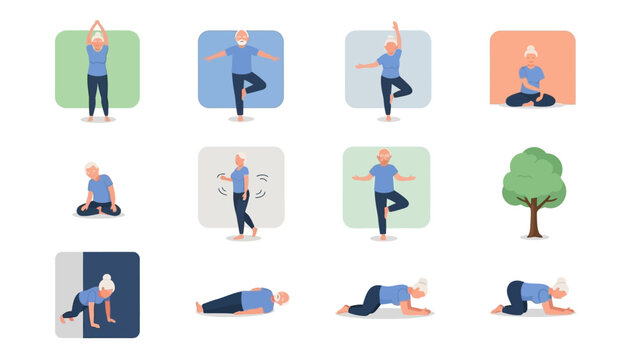 Senior woman yoga poses set: calm and relaxing exercises for health and wellness