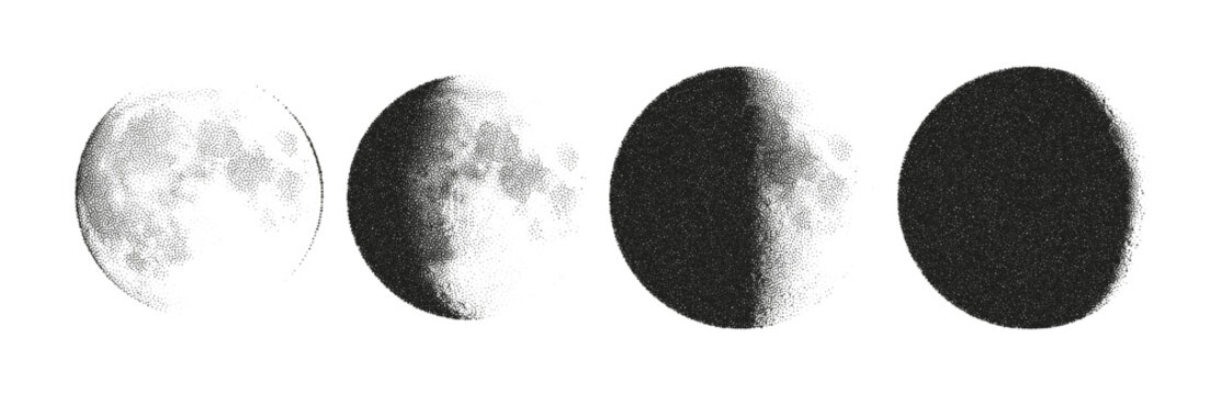 Phases moon, monochrome dotted halftone progression science. Minimal moon phases design circle dots