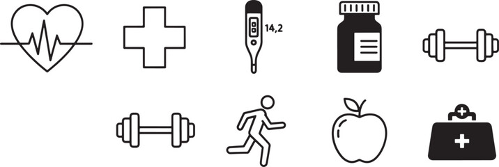 Icons representing health and fitness include heart with pulse line medical cross thermometer medicine bottle dumbbells running figure apple and scale