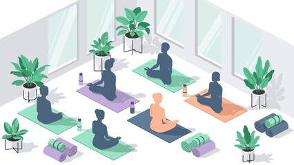 Group yoga class in modern studio with greenery and minimalist design