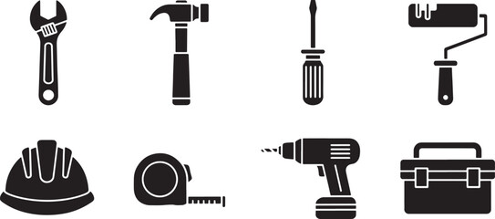 Various construction tools including wrench hammer screwdriver paint roller hard hat tape measure drill and toolbox are displayed simple black silhouette style. These tools are essential