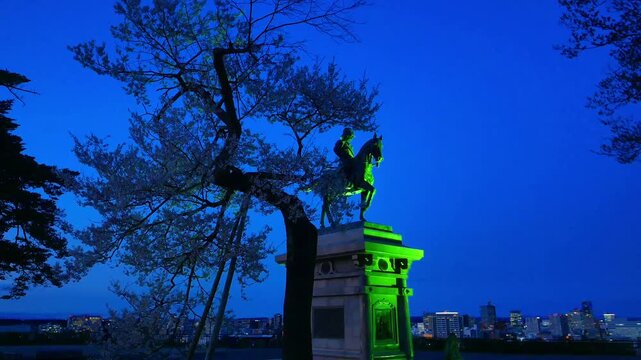 仙台城本丸跡 ( 桜と伊達政宗公騎馬像 ) の夜景【宮城県仙台市】