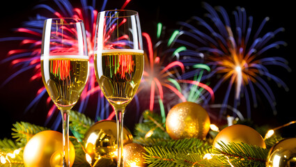 Two glasses of champagne toast under a colorful new year's fireworks display