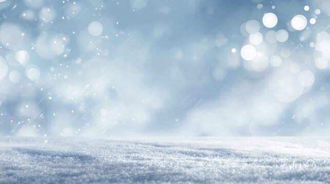 Ai winter snowfall blanketing the ground in a landscape filled with soft, blurred lights in the background during a cold winter day