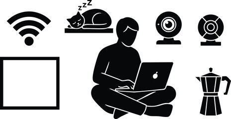 Flat icon set closeup sitting person with laptop cross legged looking at screen wifi webcam coffee maker sleeping cat square placeholder black silhouette minimalist solid home