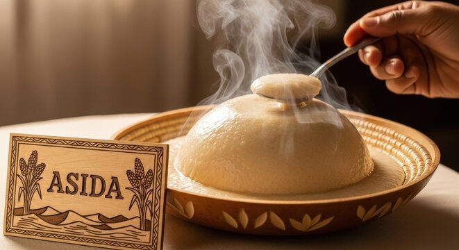 Smooth Chadian Asida &ndash; Sorghum Porridge in Calabash Plate with Tamarind Wood Plaque, Sorghum Sheaf & Desert Dune Motifs