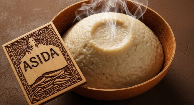 Smooth Chadian Asida &ndash; Sorghum Porridge in Calabash Plate with Tamarind Wood Plaque, Sorghum Sheaf & Desert Dune Motifs