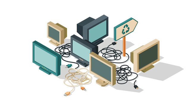 Isometric e-waste awareness: retro monitors and recycle sign