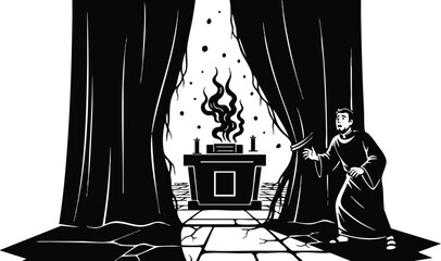 Woodcut style dramatic close up robed figure pulling curtain to reveal smoking brazier on stone altar in dim chapel with high contrast lighting and ominous mood