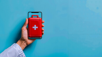First aid kit emergency medical health safety red cross phone case smartphone hand blue wall emergencies preparedness healthcare medical supplies emergent care