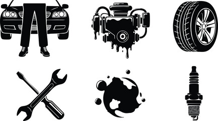 Grunge stencil vector automotive icon set showing mechanic under car engine dripping oil tire crossed tools spark plug oil planet black silhouette side view low angle