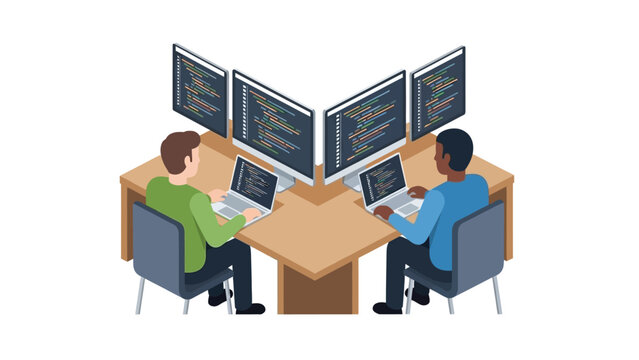 Collaborative programming: two developers working at desks in an isometric office setting