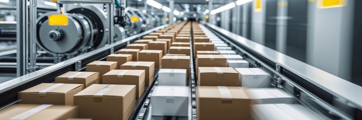 Automated conveyor belt system moving cardboard boxes in a modern warehouse facility