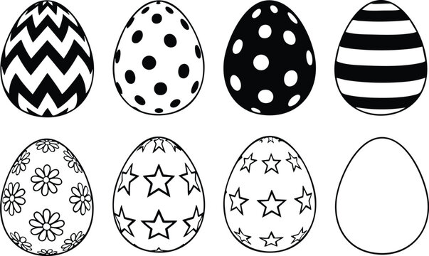 Line art sheet of eight decorated easter eggs with stars dots stripes and flower patterns arranged in two rows front view black white vector set