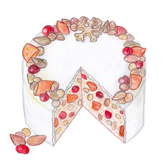 Hand-drawn pencil illustration of a Christmas cake with nuts and dried fruits, decorated with a festive wreath, isolated on white