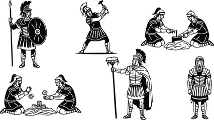Naklejka premium Line art close up roman legionaries in varied poses standing with spear and shield soldier raising hammer kneeling figures playing dice inspecting map military armor details