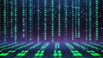 Digital rain of green binary code falling in a futuristic abstract cyberspace environment
