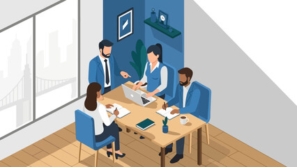 Isometric office meeting: team collaboration with diverse professionals at work