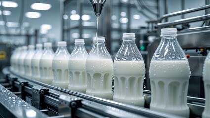Automated dairy production line filling plastic bottles with fresh milk