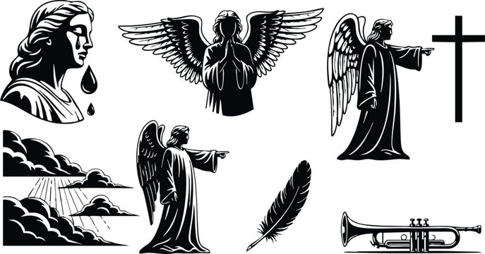 Tattoo flash woodcut style close up collection of mourning woman angel with tears winged cherub trumpeter cross feather and waterfall landscape high contrast silhouette ornamental vector