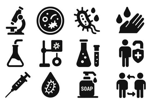 Germ Theory Icons. Solid style icons of germ theory revolution: microscope, Petri dish, bacterial cell, handwashing symbol,