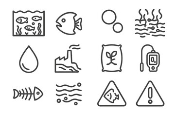 Coastal Pollution Icons. Line style icons of Coastal Pollution: Dead Zone, Fish Gill, Low Oxygen, Nutrient Overflow; Algae Bloom,