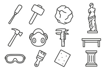 Obraz premium Sculpture Workshop Essentials. Line style icons of Sculpture Workshop: Chisel, Mallet, Raw Stone, Polished Statue; Hammer, Dust