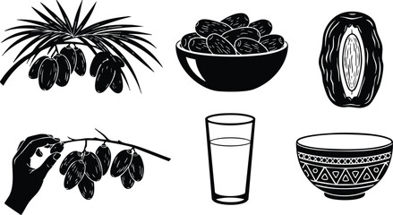 Line art close up hand picking dates from palm branch bowl of dates halved date ceramic bowl water glass top view isolated minimal monochrome vector illustration