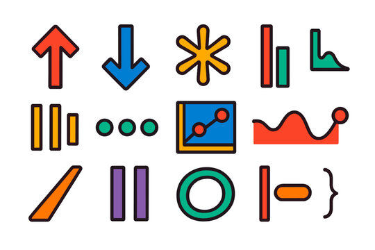 Prosody Icon Set. Flat vector icons of prosody: rising intonation arrow, falling intonation arrow, stress symbol, pitch range bar,