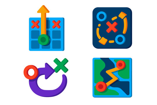 Tactical Game Icons. Isometric vector illustration set Tactical Game Concepts: Opening strategy diagram, surrounding maneuver,