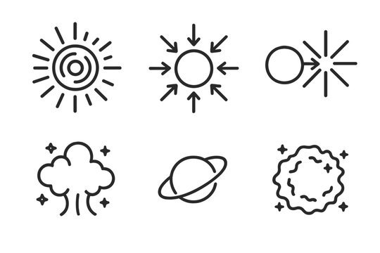 Supernova Nucleosynthesis Icons. Line style icons of Nucleosynthesis in Supernovae: stellar shockwave, iron core collapse,