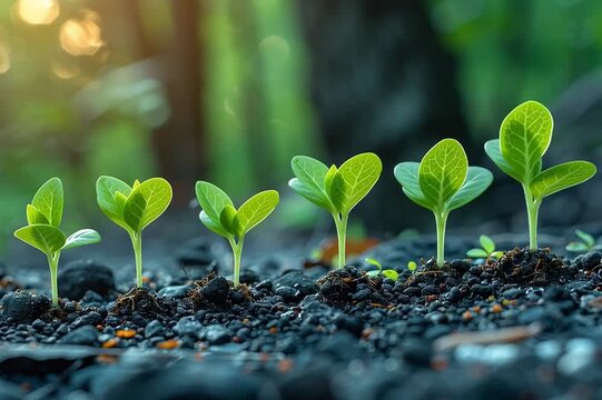 wide horizontal background ground level closeup video of plant seeding in a nursery ground 