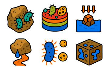 Fototapeta premium Geomicrobiology Icon Set. Isometric vector illustration set Geomicrobiology: rock-weathering microbes, biofilm layers, mineral