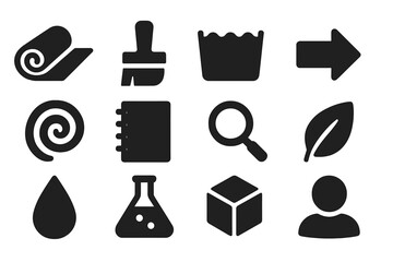 Obraz premium Textile Processing Icons. Solid style icons of textile processing and dyeing: fabric roll, brush, vat, arrow, spiral, notebook,