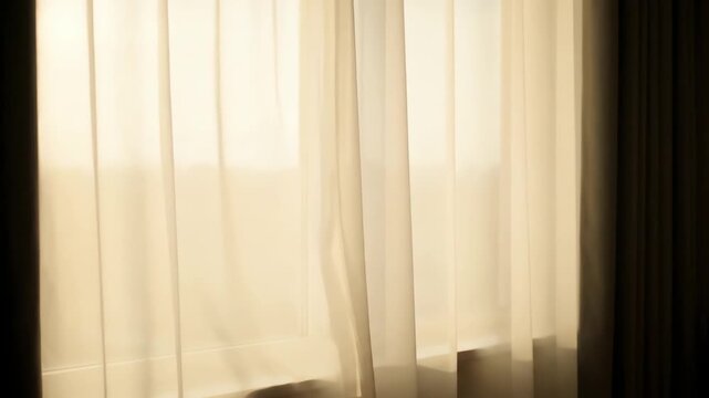 Wind playing with sheer curtains at dawn, creating a tranquil morning light and domestic comfort concept.