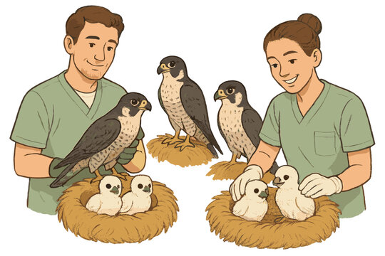 Falcons in Conservation. Conservation center with falcons in cozy nests, vets smiling with gentle care, and chicks glowing with