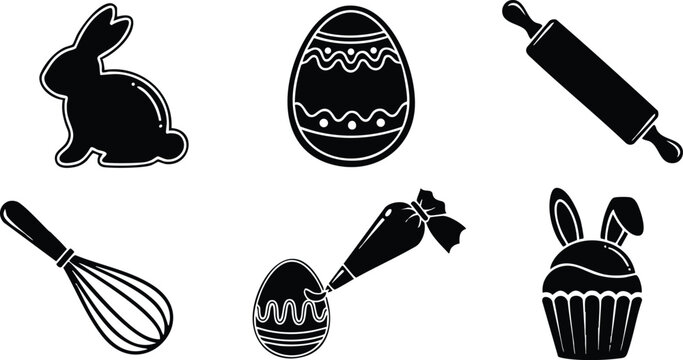 Flat design close up easter baking and decoration icon set showing bunny cookie decorated egg piping bag whisk rolling pin cupcake with bunny ears playful cheerful