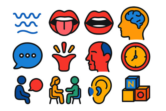 Speech Disorder Icons. Flat vector icons of speech disorders: stutter wave, lisp tongue, dysarthria mouth, apraxia brain, aphasia