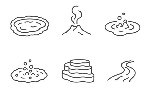 Hydrothermal Icons Collection. Line style icons of Hydrothermal Features: hot spring pool, steam vent, mud pot, silica terrace,