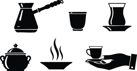 Flat design silhouette coffee icon set featuring cezve espresso cup turkish glass sugar bowl steaming bowl and hand holding cup in monochrome minimal simple isolated style
