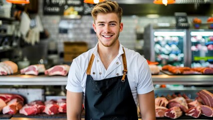 Butcher's Pride: A smiling butcher stands confidently in his shop, surrounded by an array of fresh cuts of meat, showcasing his expertise in the craft and culinary art.