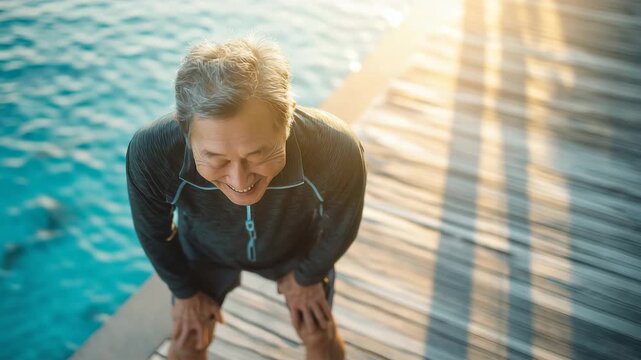 プール前でストレッチをしながら笑顔を見せる高齢男性