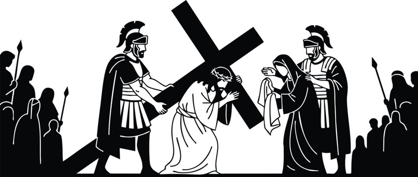Silhouette vector scene of jesus christ carrying heavy cross assisted by figures roman soldiers and grieving woman during stations of the cross high contrast religious illustration