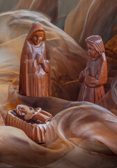 Virgin Mary Joseph  Jesus in a nativity manger scene with gold brown copper highlights, Christian...
