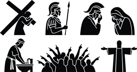 Silhouette vector icons biblical scenes showing jesus carrying cross weeping mary praying soldier public crowd and risen figure flat design easter good friday black silhouette set