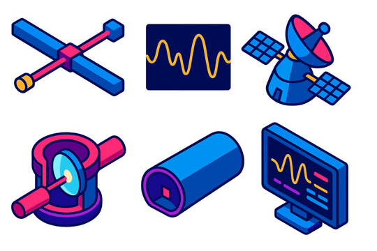 Gravitational Wave Detection. Isometric vector illustration set Gravitational Wave Detection: laser interferometer arms, signal