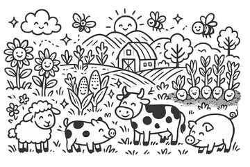 Joyful Farm Harmony. Joyful doodle integrated farming landscape with happy animals grazing, cartoon crops waving, smiling insects