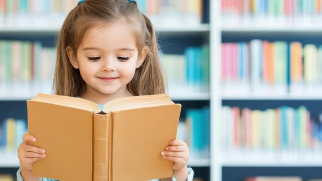 Young Reader in a Library: A young child engrossed in a book, absorbed in the enchanting world of storytelling, surrounded by colorful books.